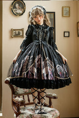 Black Ancient Mythology Angel Wings Print Mesh Stitching Bowknot Ruffled Gothic Lolita Jsk Dress - Product - 2