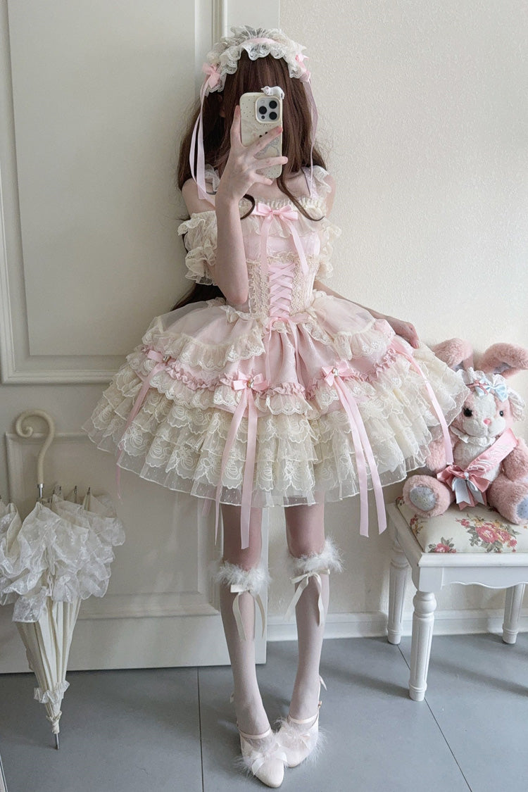 Pink [Ribbon Heart Love] Sleeveless Multi-Layered Ruffle Bowknot Lace Lace-Up Sweet Princess Ballet Lolita Jsk Dress - Product - 10