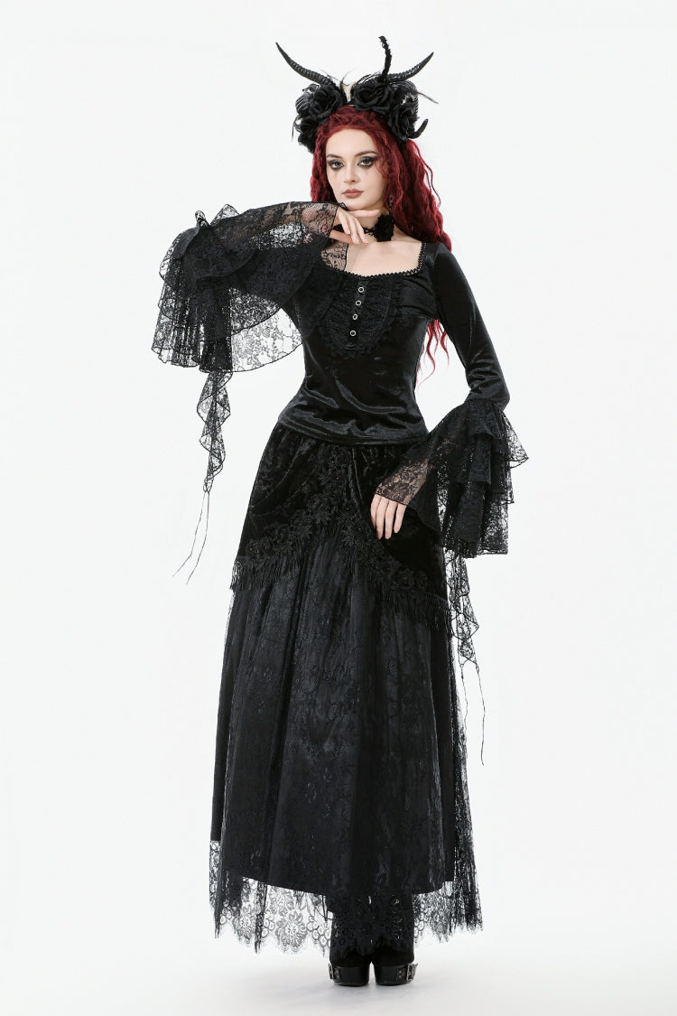 Black Square Collar Multi-Layered Lace Long Flared Sleeves Women's Gothic Palace Velvet Top - Product - 11
