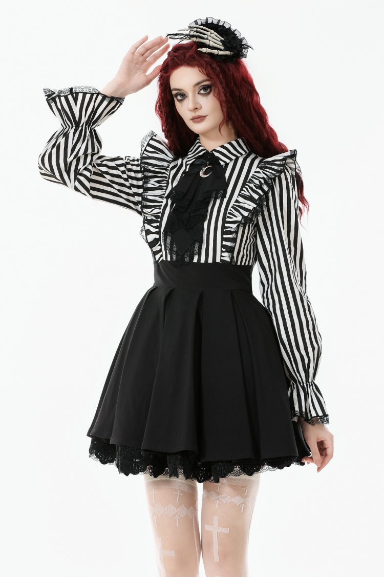 Black/White Striped Lapel Collar Long Sleeves Moon Lace Bow Ruffled Pleated Women's Gothic Dress - Product - 2