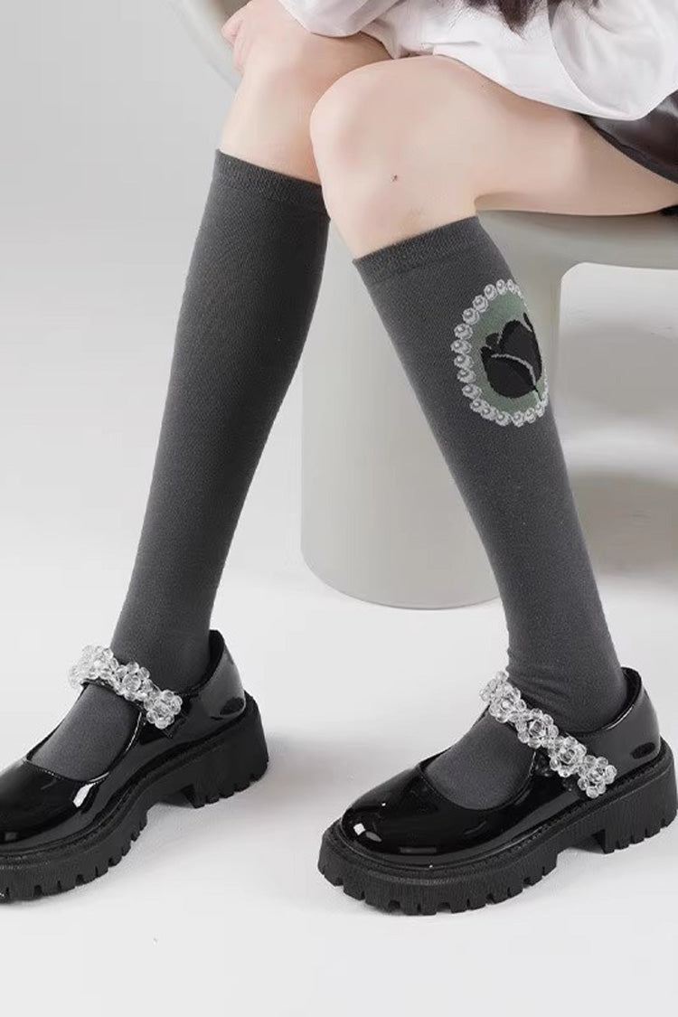 Pearl Knee-High Print Sweet Lolita Socks 4 Colors - Dark-Grey - 4
