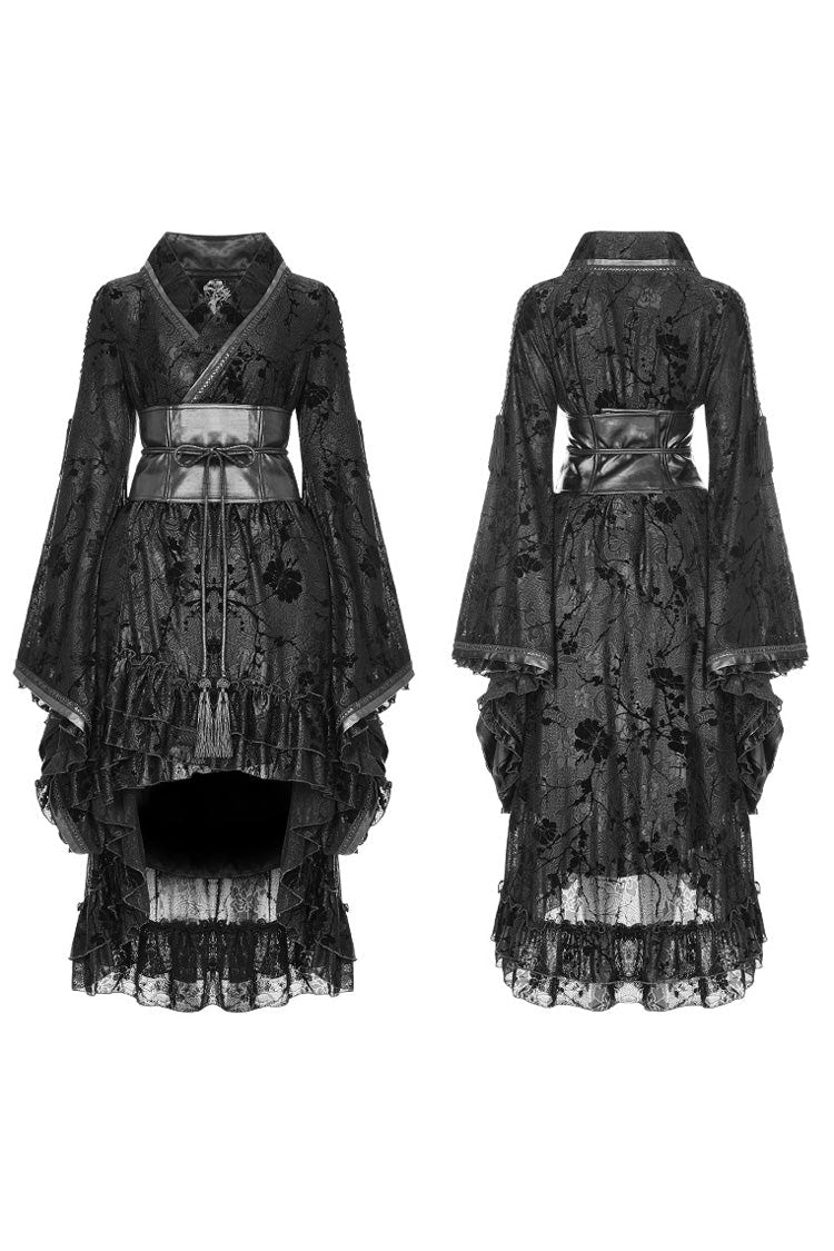 Black Long Sleeves Print Ruffle Women's Gothic Kimono Dress - Product - 5