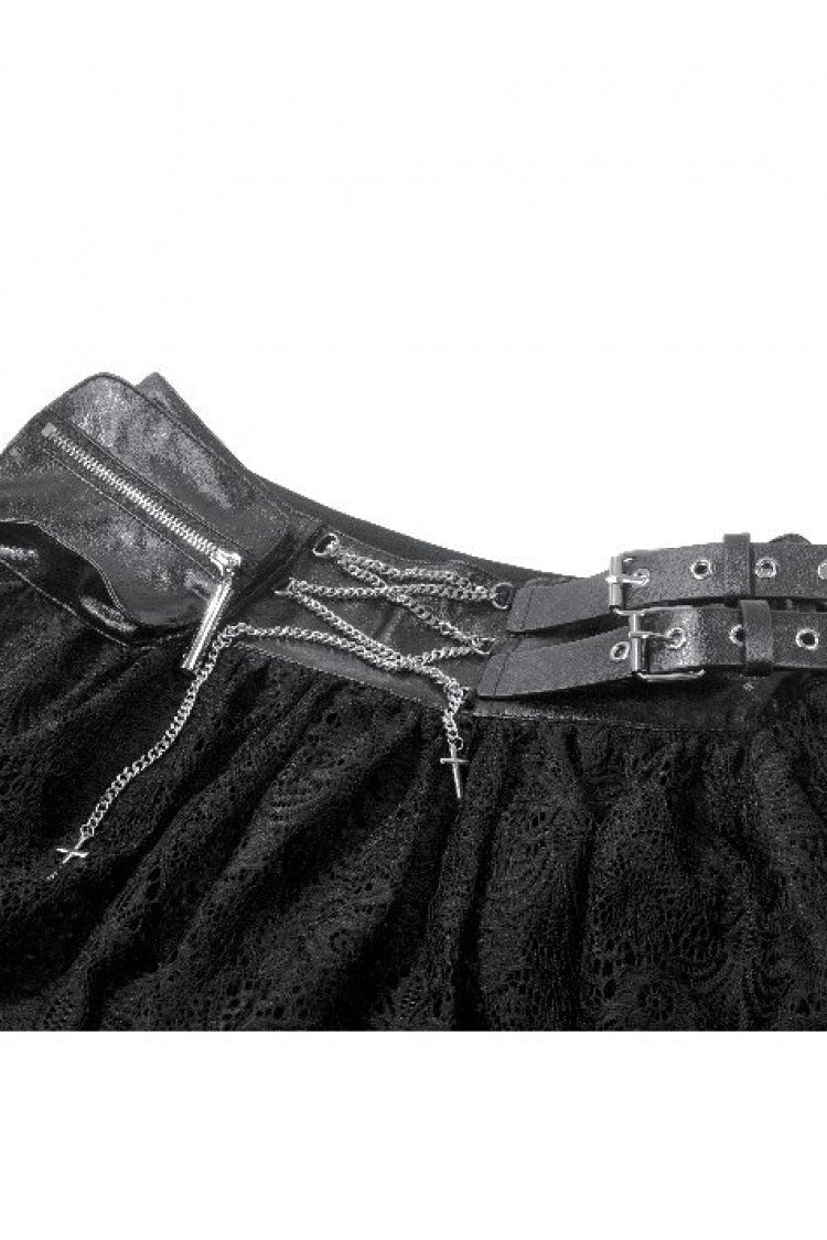Black Chain-Decorated Eyelet Buckled Straps Lace Women's Gothic Mini Skirt - Product - 13