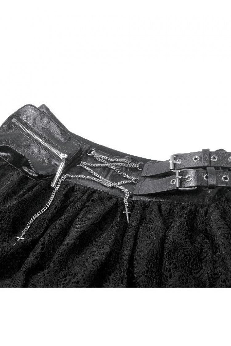 Black Chain-Decorated Eyelet Buckled Straps Lace Women's Gothic Mini Skirt - Product - 13