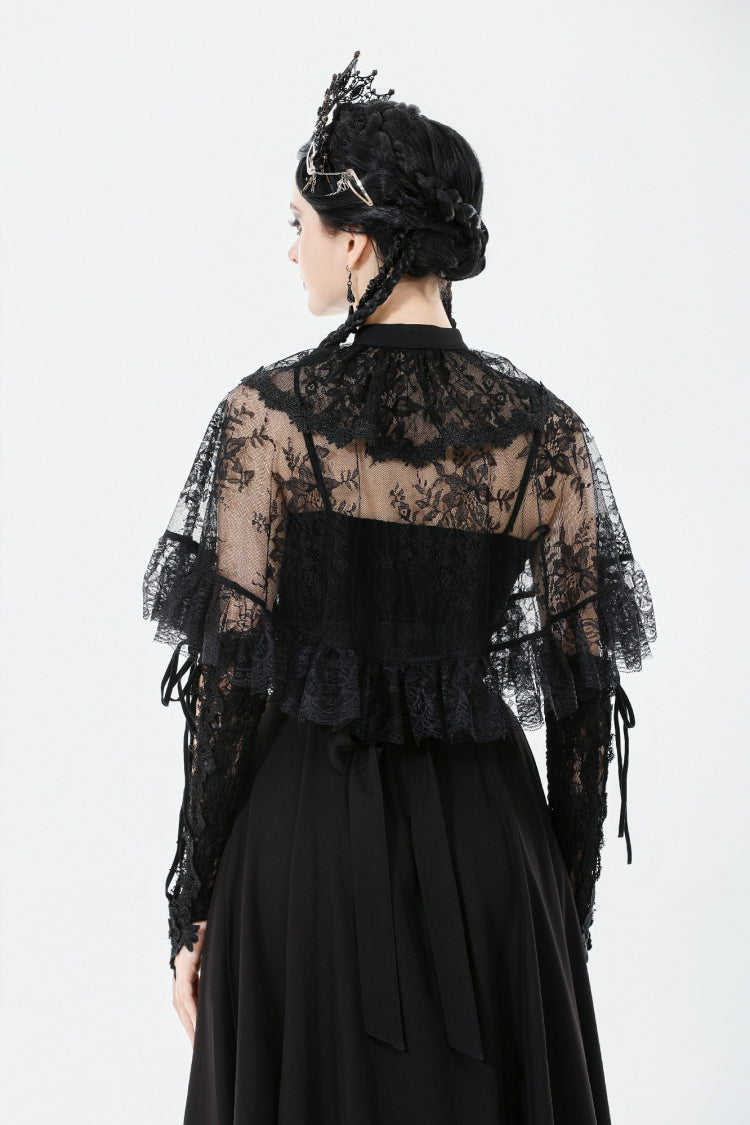 Black Bouble-Breasted Floral Lace Women's Gothic Cape - Product - 4