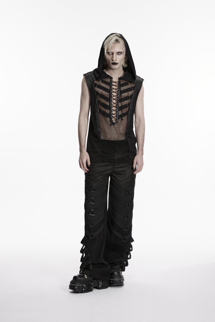 Black Spliced Lace-Up Slim Hooded Mesh Eyelet Men's Punk Cool Vest - Product - 5