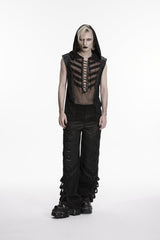 Black Spliced Lace-Up Slim Hooded Mesh Eyelet Men's Punk Cool Vest - Product - 5