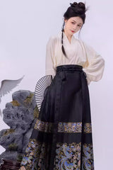 Black Chinese Style Print High Waisted Womens Hanfu Skirt - Product - 2
