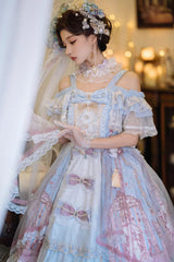 Blue [Moonlight Melody] Off Shoulder Sleeveless Multi-Layered Hanayome Open-Front Bow Lace Sweet Gorgeous Lolita Jsk Dress Set - Product - 2