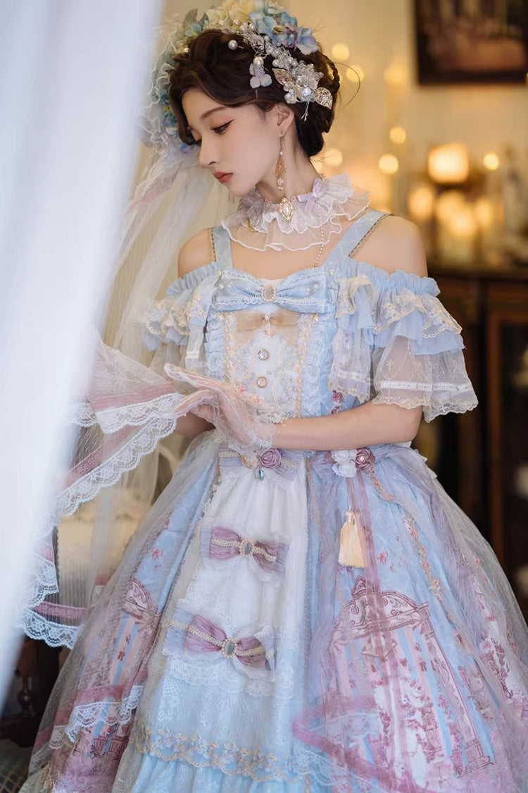 Blue [Moonlight Melody] Off Shoulder Sleeveless Multi-Layered Hanayome Open-Front Bow Lace Sweet Gorgeous Lolita Jsk Dress Set - Product - 2