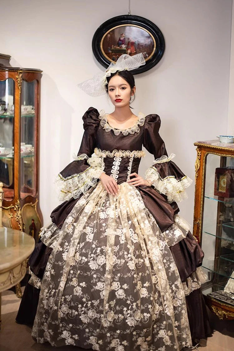 Brown Dark Pattern Print Medieval Court Gothic Victorian Lolita Long Dress - Product - 2