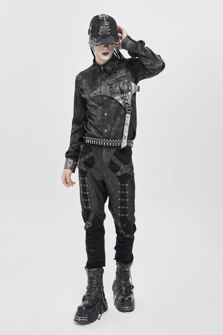 Black Ripped Buckle Straps Men's Punk Pants - Product - 14