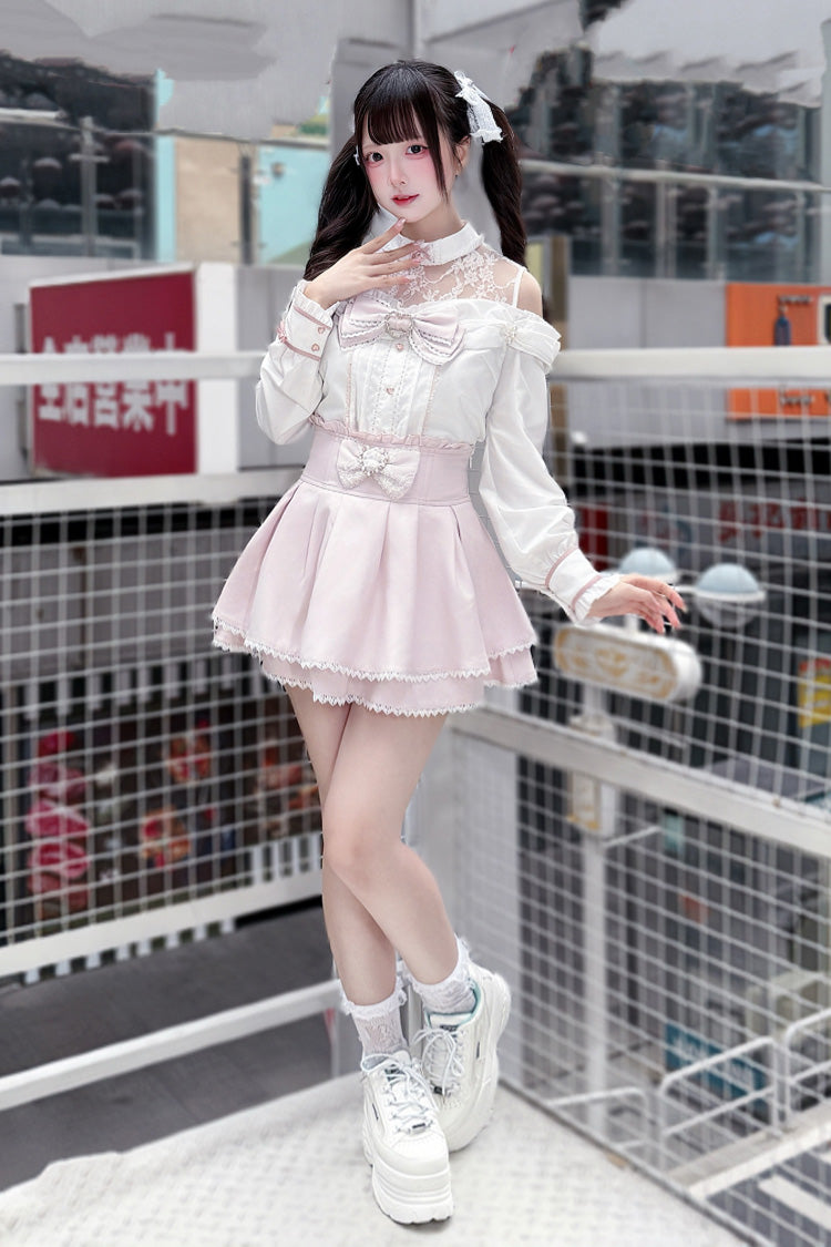 [Frosted Pearl Princess] Round Collar Off Shoulder Long Sleeves Bow Lace Sweet Jirai Kei Japanese Skirt Set 2 Colors - Product - 8