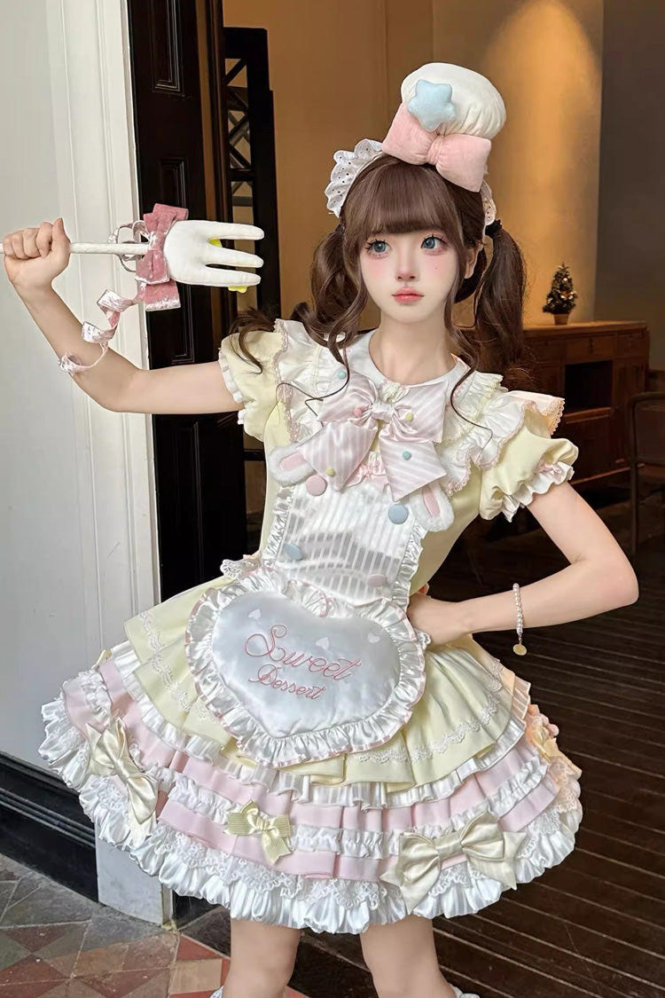 Yellow/Pink [Sweet Bunny Chef] Short Sleeves Multi-Layered Ruffle Bowknot Sweet Lolita Dress - Yellow/Pink - 1