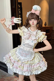Yellow/Pink Sweet Bunny Chef Short Sleeves Multi-Layered Ruffle Bowknot Sweet (Set) front view