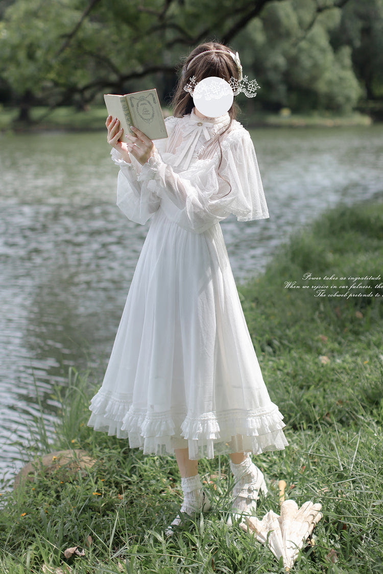 White [Enchanted Daydream] Long Sleeves Bowknot Lace Sweet Elegant Lolita Dress - Product - 3