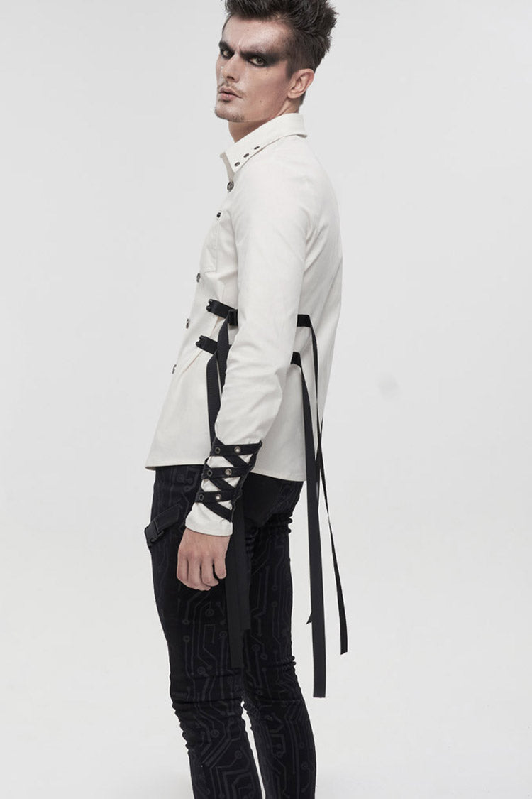 White Punk Nylon Strap Metal Buckle Decoration Long Sleeve Elasticity Thick Men's Shirt - Product - 7