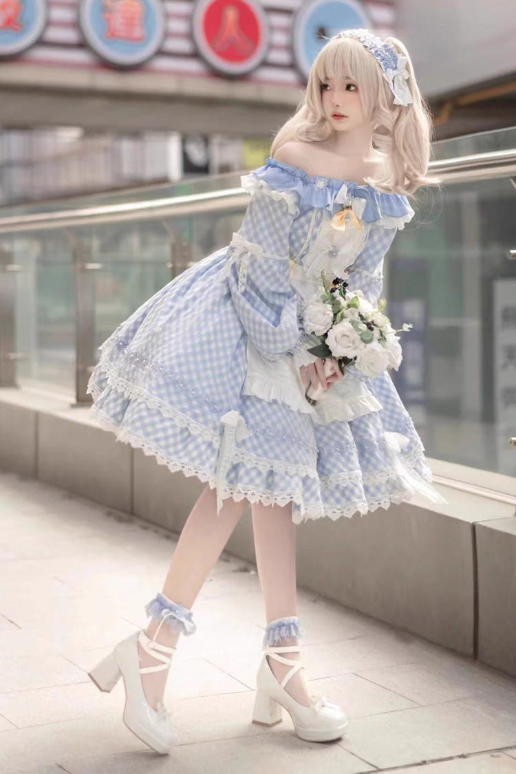 Blue Plaid Print Long Sleeves Bowknot Lace Sweet Lolita Dress - Product - 3