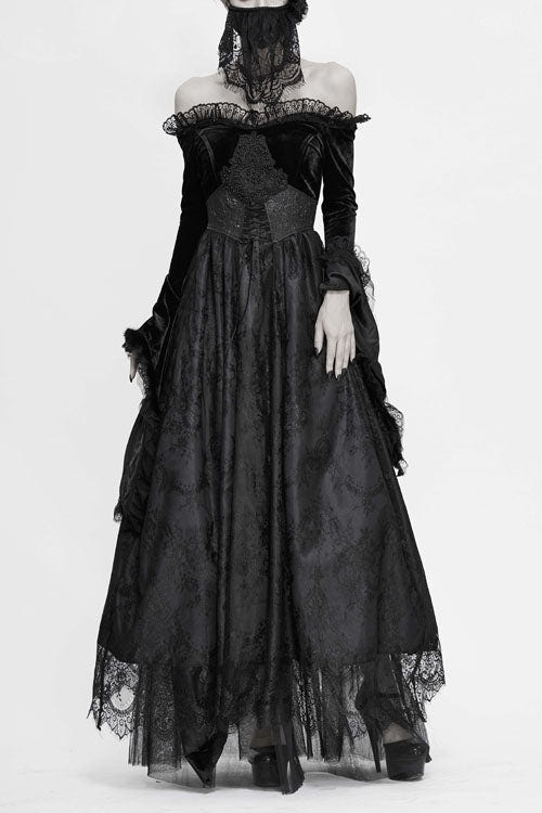 Black Sexy Off Shoulder Lace Pleated Womens Formal Gothic Long Dress With Fur Collar - Black - 1