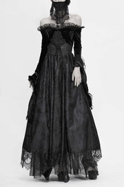 Black Sexy Off Shoulder Lace Pleated Womens Formal Gothic Long Dress With Fur Collar - Black - 1