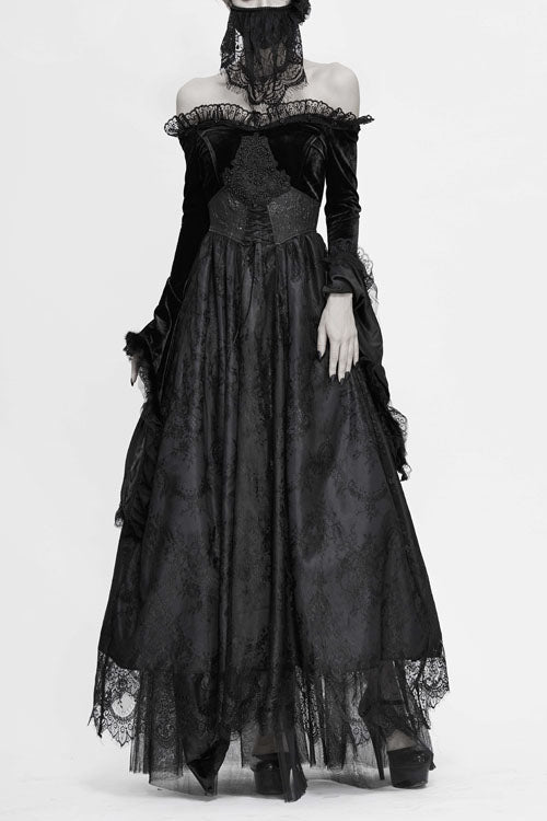 Black Sexy Off Shoulder Lace Pleated Womens Formal Gothic Long Dress With Fur Collar - Black - 1