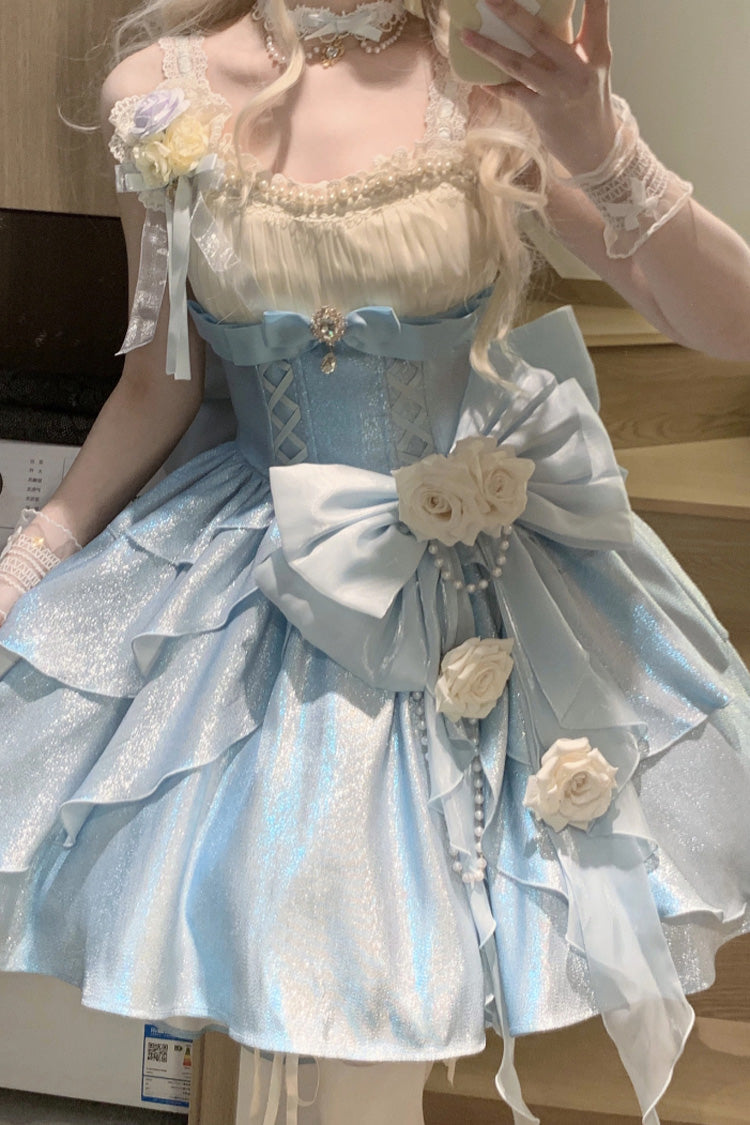 Blue [Rose Heart Knot] Ruffle Hanayome Bowknot Sweet Princess Gorgeous Lolita Jsk Dress - Product - 5