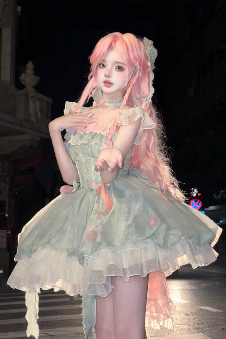 Green Flower Fairy Forest Garden Print Ruffle Bow Lace Sweet Lolita Dress detail view 3