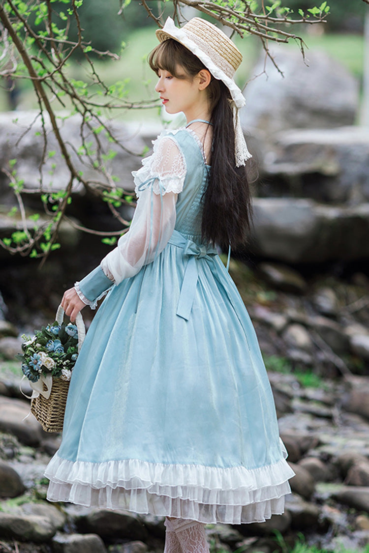 Blue Halter Neck Lantern Long Sleeves Lace Ruffled Hanayome Sweet Lolita Op Tiered Dress - Product - 6