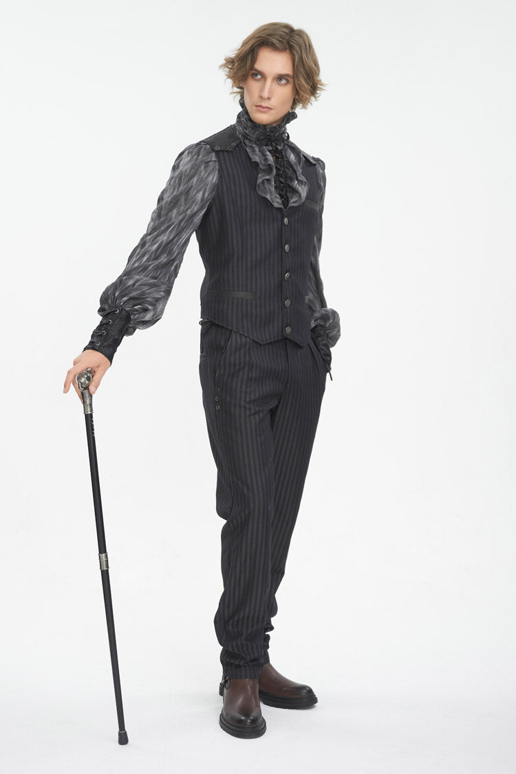 Black Striped V Collar Stitching Slim Men's Gothic Vest - Product - 2