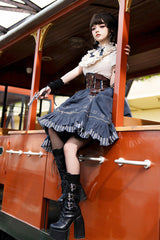 Blue Middle Ages Ruffle Embroidery Bowknot Classic Punk Vintage Lolita Skirt Full Set - Product - 6