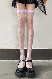 Black Lace Fishnet Over The Knee Fungus Gothic Socks 2 Colors - image 1