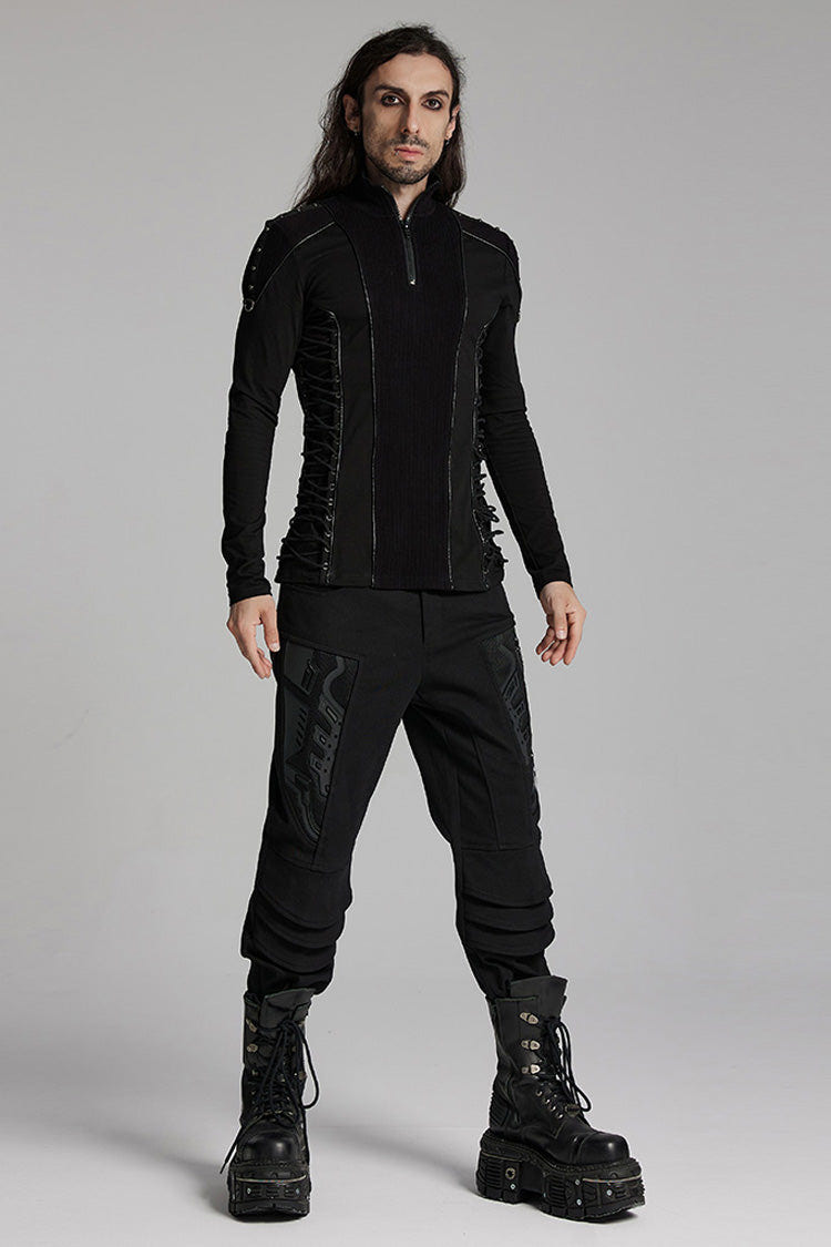 Black Long Sleeves Rivet Zipper Drawstring Men's Punk Blouse - Product - 4