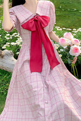Pink Navy Lapel Collar Check Short Sleeves High Waisted Long Plus Size Sweet Lolita Dress - Product - 4