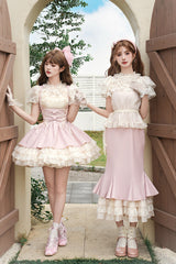 Pink [Love Diary] Multi-Layered Ruffle Bowknot Lace-Up Sweet Lolita Jsk Bustier Dress - Product - 13