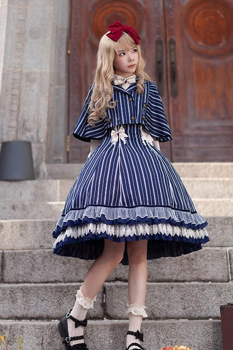 Blue Multi-layer Stripe Print Ruffle Sweet Lolita Jsk Dress - Product - 5