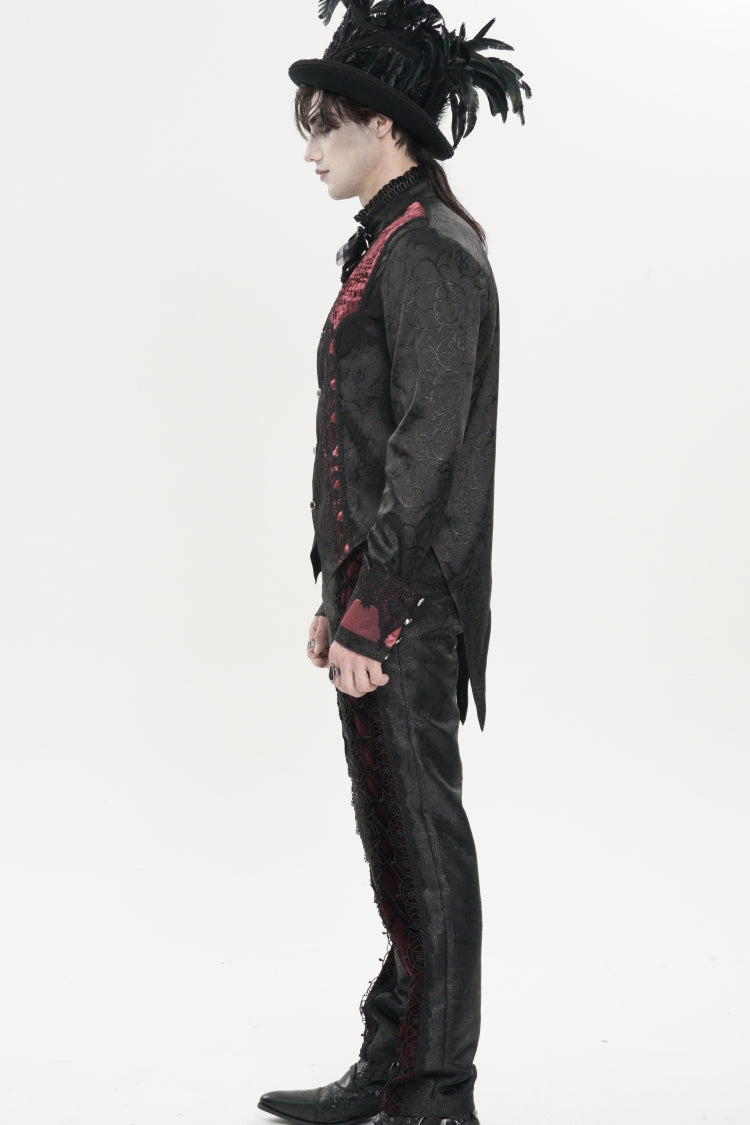 Red Stand Collar Long Sleeves Jacquard Embroidered Bow Lace Men's Gothic Palace Shirt - Product - 3