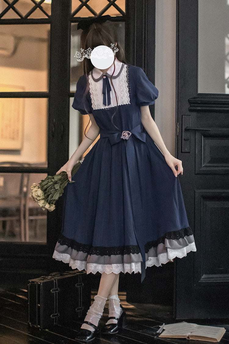 Blue [Phyllis] Lapel Collar Short Sleeves Printed Bow Classic Vintage Elegant Lolita Dress - Blue - 1