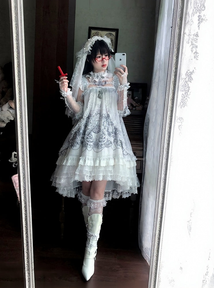 Gothic White Candle Print Waistless Lolita JSK Dress with Lace Details + Choker + Candle Embroidered Brooch Set - view 14
