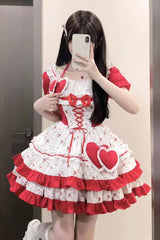 Red Double-Layered Floral Print Ruffle Bowknot Sweet Lolita Dress - Product - 5