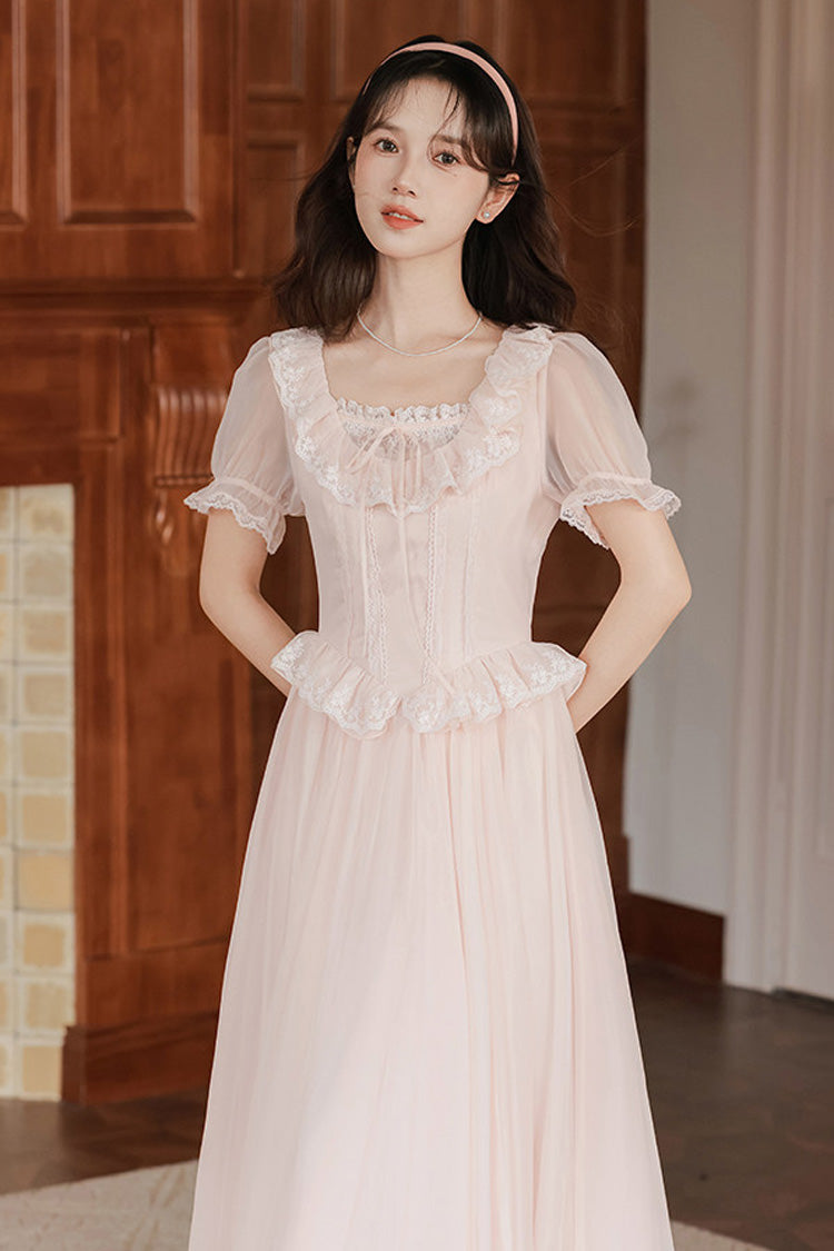 Pink Square Collar Short Puff Sleeves Ruffled Embroidered Lace French Style Sweet Lolita Dress - Product - 5