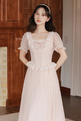 Pink Square Collar Short Puff Sleeves Ruffled Embroidered Lace French Style Sweet Lolita Dress - Product - 5