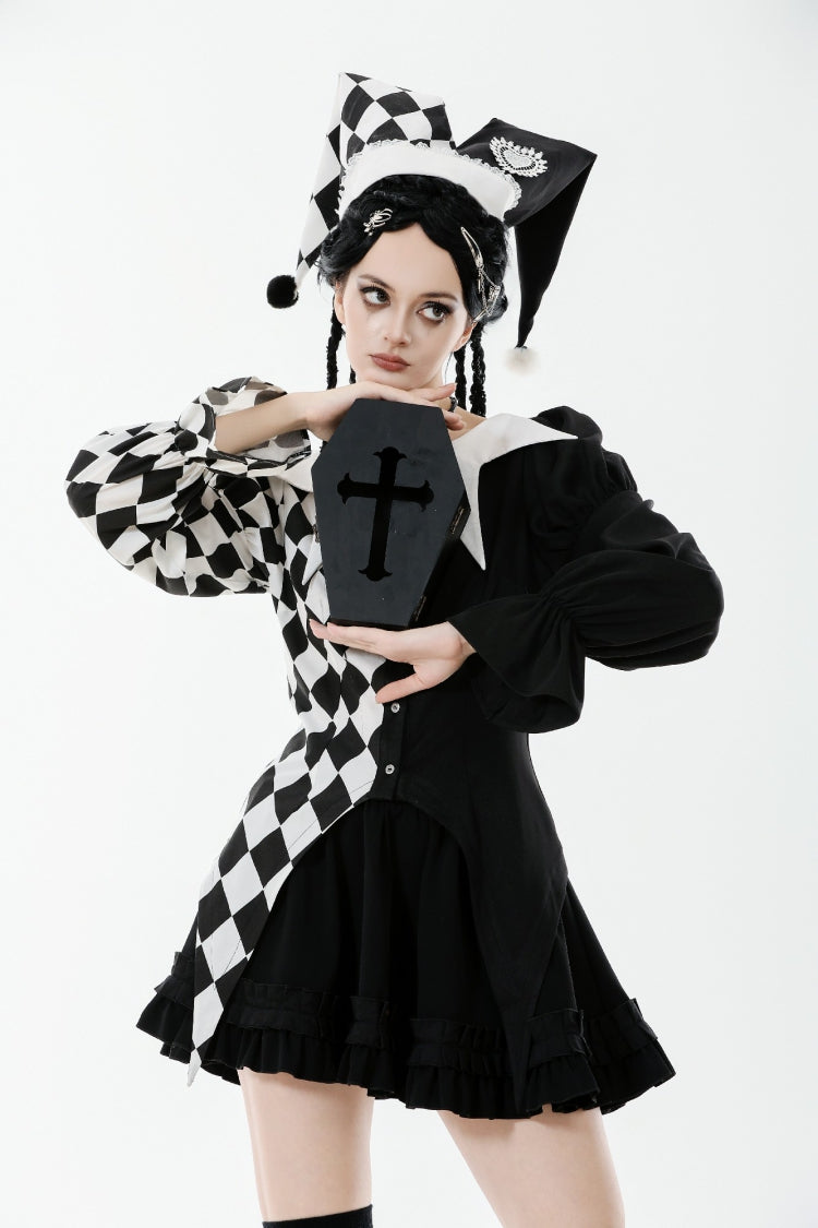 Black/White Harlequin Collar Diamond Pattern Color-Blocked Long Puff Flare Sleeves Women's Gothic Blouse - Product - 5