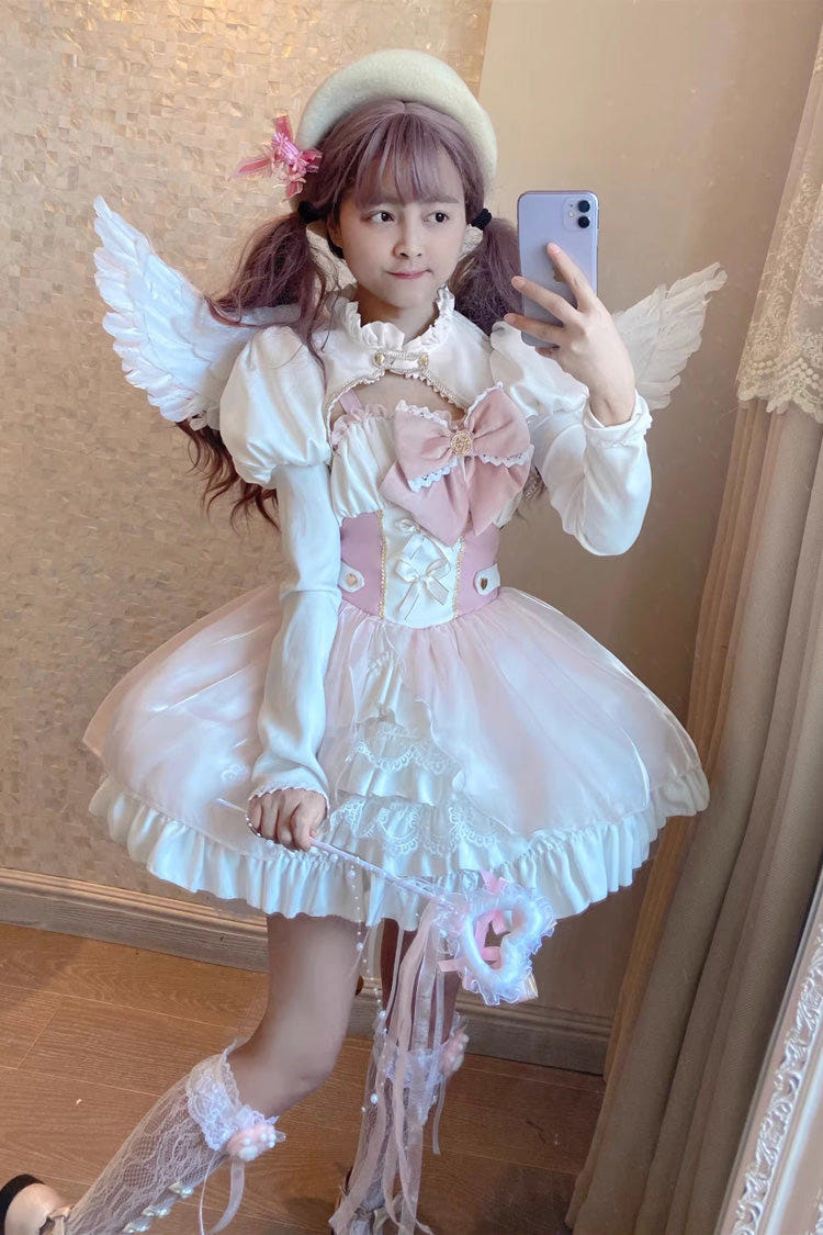 Pink/White [Magical Girl] Ruffle Cardigan Bowknot Sweet Princess Lolita Jsk Dress - Pink/White - 1