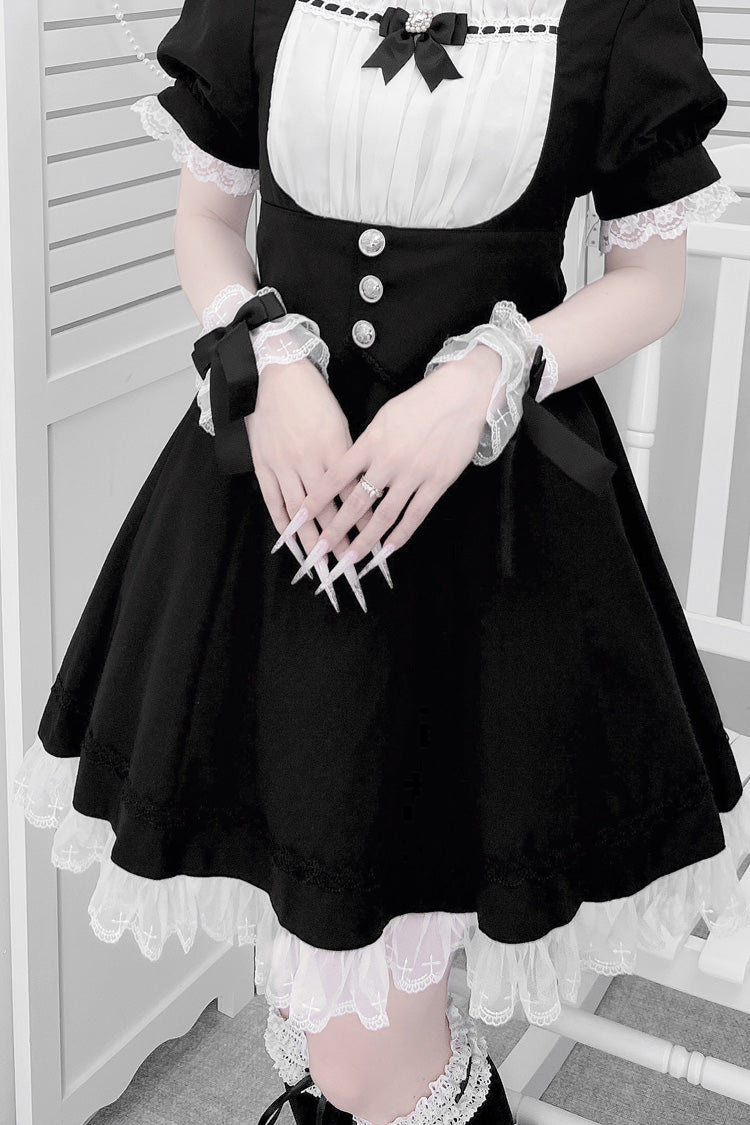 Black/White Short Sleeves Ruffle Bowknot Cross Waist Maid Sweet Japanese Lolita Dress Set - Product - 2