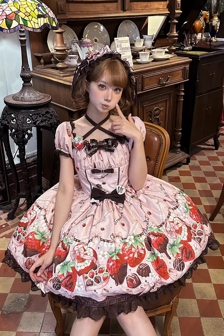 Pink [Strawberry Chocolate Lover] Square Collar Short Sleeves Printed Ruffled Bow Lace Sweet Lolita Dress - Product - 9