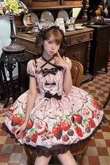Pink [Strawberry Chocolate Lover] Square Collar Short Sleeves Printed Ruffled Bow Lace Sweet Lolita Dress - Product - 9