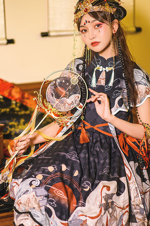 Black Chinese Style Chang'e Flying To The Moon Print Ruffled Classic Lolita OP Dress - Product - 5