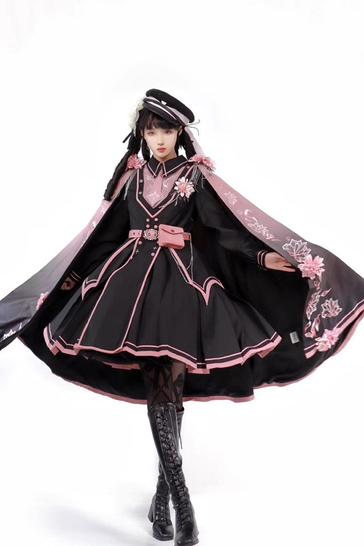 Black/Pink Long Sleeves Ruffle Gothic Military Elegant Princess Lolita Dress - Product - 8