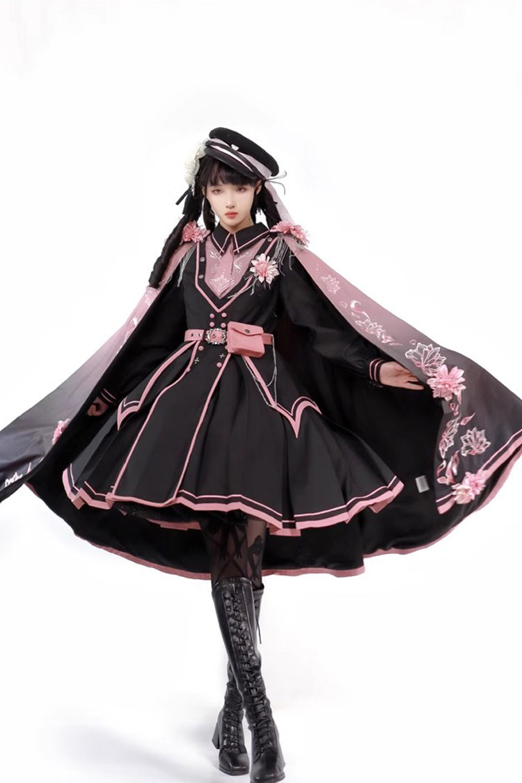 Black/Pink Long Sleeves Ruffle Gothic Military Elegant Princess Lolita Dress - Product - 8