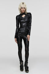 Black Hollow Metal Eyelet Strap Lace-Up Women's Steampunk Leggings - Product - 4